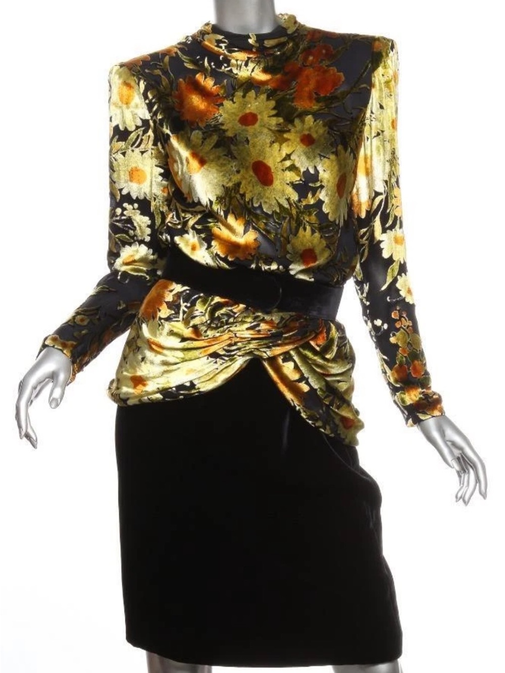 Vintage Valentino Floral Burnout Velvet Draped Long-Sleeve Top in Gold and Black